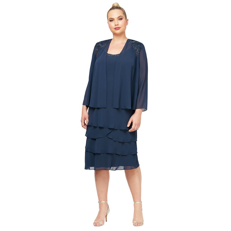 S.L. Fashions Women's Mother of The Bride Tiered Jacket Dress with Shoulder Embellishment, Navy, 22 Plus - Image 1